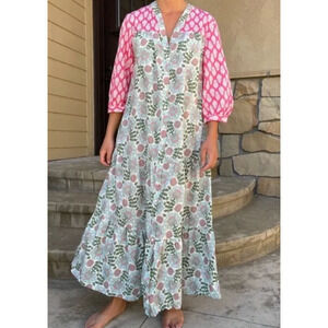 Zara Paloma Floral Block Print Midi Cotton Button Down V-Neck Dress L